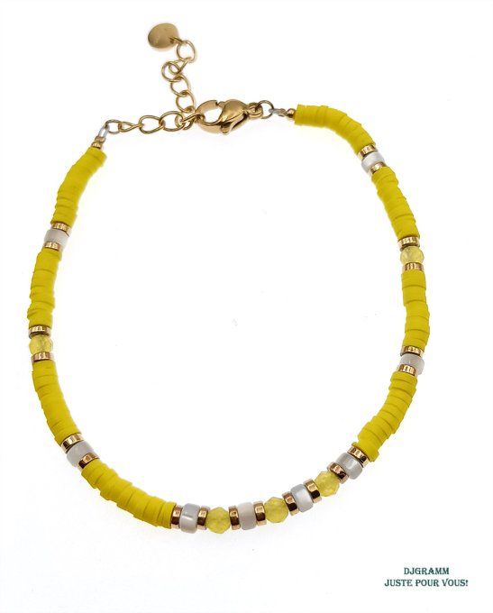 Bracelet-acier-heishi-argile-polymere-jaune-blanc