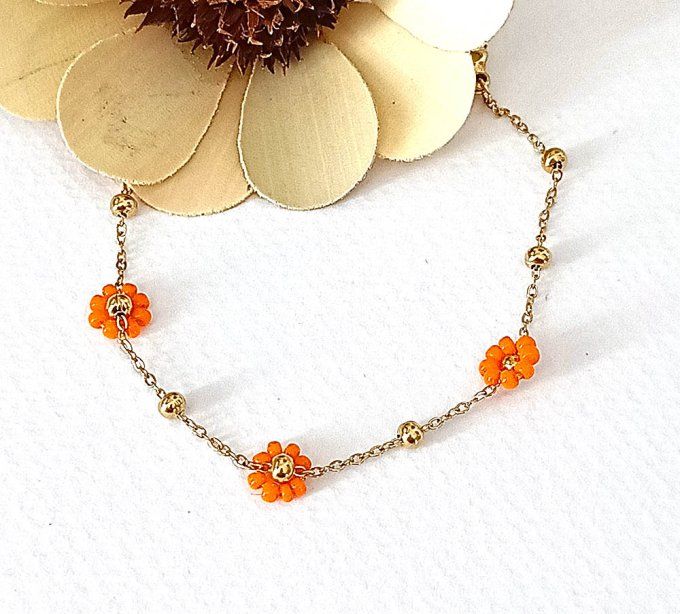 Bracelet-acier-chaine-maillon-fleur-orange-dore