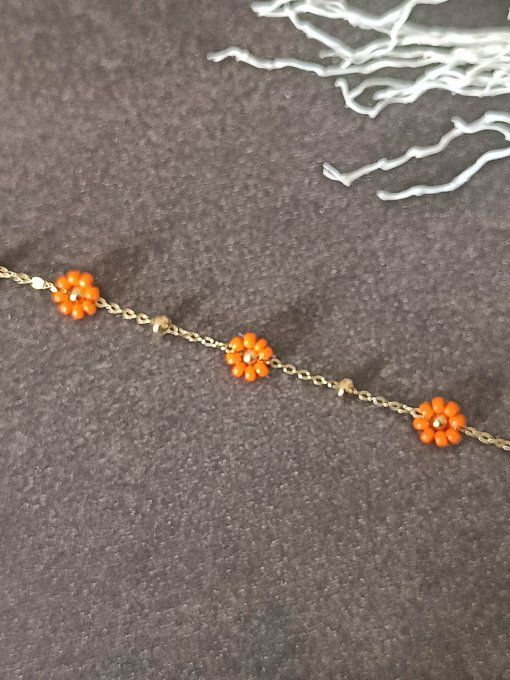 Bracelet-acier-chaine-maillon-fleur-orange-dore