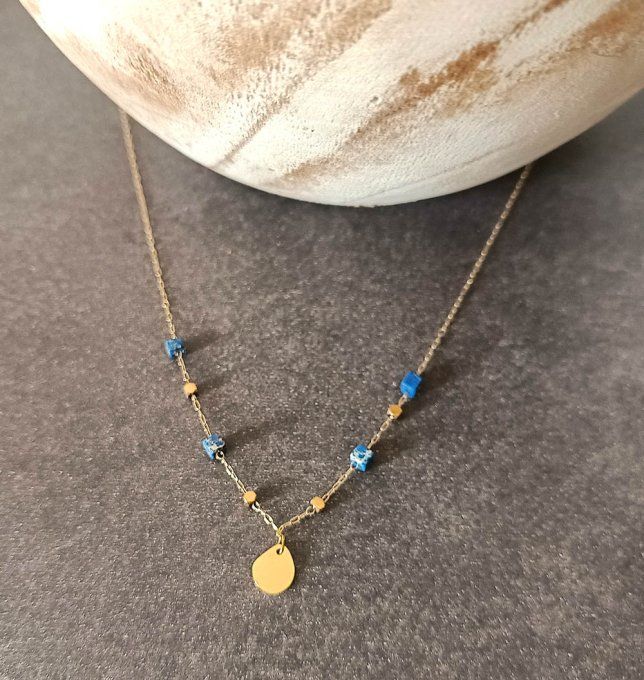 Collier en acier inoxydable pierres carrées lapis lazuli